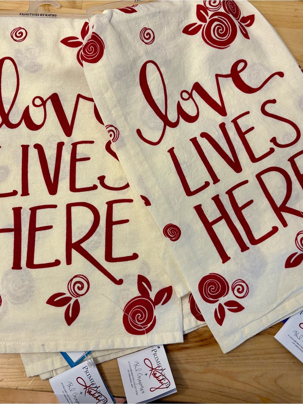 2 Cream Kitchen Towels with Red Script and Floral Accents NWT